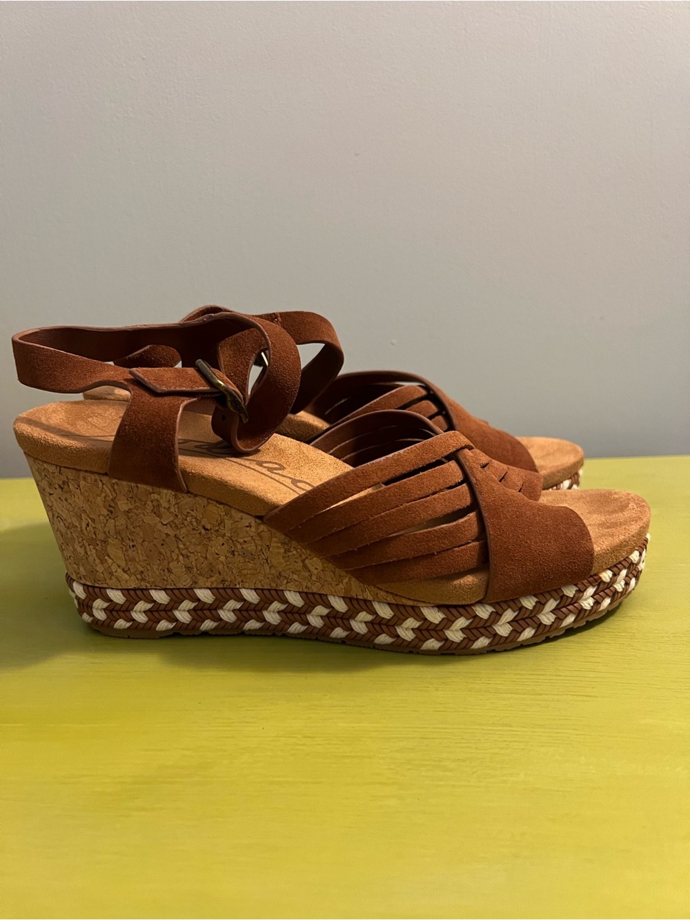 Zodiac Brown Cork Wedge Sandals with Braided Platform, Leather Upper, Size 8.5